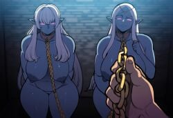 1boy 2girls ai_generated big_breasts breasts breasts_bigger_than_head curvy curvy_figure dark-skinned_female dark_skin dungeon elf fantasy female huge_breasts large_breasts male mullon novelai original pov slave top_heavy voluptuous