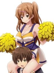 1boy 1girls 2d anime brown_hair carrying carrying_partner cheerleader cheerleader_outfit cheerleader_uniform chuunibyou_demo_koi_ga_shitai! female long_hair male nibutani_shinka nipples_visible_through_clothing panties piggyback piggyback_ride pom_poms togashi_yuuta