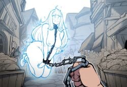 1boy 1boy1girl ai_generated chained chains fantasy ghost ghost_girl glowing leash mullon novelai nude original original_character pov pov_hands restrained slave slave_collar slavegirl spirit