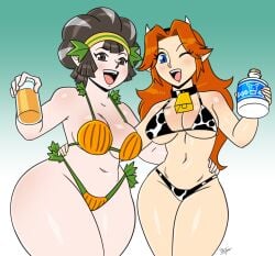 2girls aeolus06 bikini brown_hair cowprint female female_only glass_bottle hand_on_another's_hip hand_on_hip headband holding_object kina_(skyward_sword) looking_at_viewer malon ocarina_of_time pinup pumpkin red_hair short_hair skyward_sword smile the_legend_of_zelda thick thick_thighs two-tone_hair wink