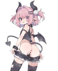 aku0 anus ass bar_censor black_camisole black_choker black_shorts black_thighhighs camisole censored character_request choker commentary copyright_request demon_girl demon_horns demon_tail demon_wings female highres horns pink_hair pointy_ears purple_eyes pussy short_shorts shorts simple_background solo symbol-only_commentary tail thighhighs torn_clothes torn_thighhighs twintails white_background wings young