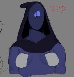 aster_(look_outside) blue_eyes blue_skin chubby chubby_male chunky confused covered_nipples hood hood_up look_outside male male_only man_boobs man_breasts man_tits question_mark sweatdrop
