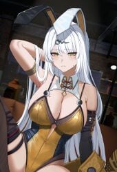 alternate_costume animal_ears arm_up armpits black_gloves breasts closed_mouth elbow_gloves female gaitoou gloves highres indoors knee_up large_breasts leotard light_particles long_hair mole mole_on_breast rabbit_ears single_elbow_glove sitting solo sweatdrop white_hair yellow_eyes yellow_leotard yin_yang_pin yixuan_(zenless_zone_zero) zenless_zone_zero