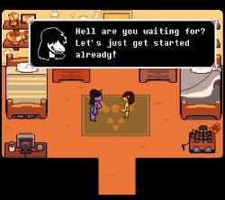 artstyle_imitation bedroom breasts dinosaur_girl kris_(deltarune) large_breasts naked purple_skin susie_(deltarune) yellow_skin yellow_teeth