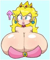 1girls big_breasts big_lips blonde_female blonde_hair blue_eyes breasts cleavage clothing crown enormous_breasts female gigantic_breasts huge_breasts human large_breasts mario_(series) massive_breasts nintendo pixizi princess princess_peach question_mark royalty