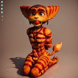 ai_generated anthro arms_behind_back ball_gag bondage brown_nose collar erection furry gagged gay green_eyes hydrai lombax lombax_(ratchet_and_clank) male male_only orange_fur ratchet_(ratchet_and_clank) ratchet_and_clank rope rope_bondage shocked striped_body stripes tied_up yellow_body yellow_fur