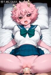 1boy ai_generated black_sclera blue_skirt blush bow bowtie breasts clothed_sex colored_sclera colored_skin cum cum_in_pussy cum_overflow female horns just_pepel large_breasts looking_at_viewer lying mina_ashido missionary my_hero_academia on_back open_mouth penis pillow pink_hair pink_skin pleated_skirt pov pubic_hair pussy sailor_collar school_uniform serafuku sex shirt short_hair short_sleeves skirt solo_focus spread_legs straight uncensored vaginal_penetration yellow_eyes