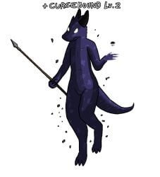 alpha_channel black_horn constellation_kobold english_text feet female floating fogspot genitals glowing glowing_eyes glowing_hands horn kobold magic melee_weapon nude polearm purple_body pussy scalie simple_background singularity solo spear speckled_body tail text transparent_background weapon white_eyes
