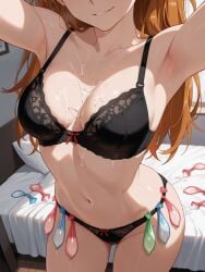 1girls ai_generated armpits asuka_langley_sohryu bra breasts cum_on_breasts female hug neon_genesis_evangelion netorare orange_hair panties used_condoms_belt