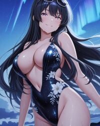 2025 ai_generated beach belly black_eyebrows black_hair_female black_swimsuit eyebrows_visible_through_hair flower_swimsuit instagram looking_at_viewer meta not_porn pekoillust pink_cheeks purple_eyes shy_smile smile_at_viewer smiling_at_viewer sunglasses_on_head tummy unknown_character wet_body wet_skin wet_swimsuit white_sunglasses