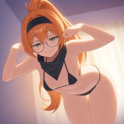 ai_generated bandana bikini breasts ginger glasses green_eyes leaning_forward ponytail small_breasts thighs