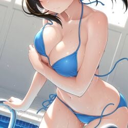 2025 ai_generated belly blue_bikini breasts brown_hair_female embarrassed_female female instagram meta mouth_closed not_porn orange_cheeks pool ten01c touching_breast tummy unknown_character wet_bikini wet_body wet_skin