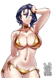1girls arm_up big_breasts bikini black_hair breasts busty cleavage curvy female female_only fire_emblem fire_emblem:_three_houses gold_bikini hakuramen nintendo shamir_nevrand short_hair solo thick_thighs voluptuous voluptuous_female water wet wet_body wide_hips