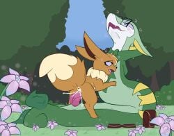 2_penises 2pokemon animal_genitalia animal_penis anus bodily_fluids brown_body brown_fur cowgirl_position cum cum_inside cumming_while_penetrating cumshot diphallia diphallism double_penetration double_vaginal duo eevee ejaculation eyewear fangs female female_on_top female_penetrated feral flowerbud from_front_position generation_1_pokemon generation_5_pokemon genital_fluids genitals glasses green_body hemipenes hi_res hug hypnosis hypnotic_eyes larger_male male male/female mind_control multi_genitalia multi_penis nintendo on_bottom on_top open_mouth outdoor_sex outdoors penetration penis plant pokemon pokemon_(species) pollen serperior sex smaller_female teeth venus_(flowerbud)
