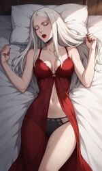 1girls ai_generated bewitching_thighs bigmic145 breasts carmilla_(castlevania) castlevania castlevania_(netflix) lips long_hair medium_breasts negligee nightgown panties red_dress see-through see-through_clothing sleeping thighs vampire vampire_girl white_hair