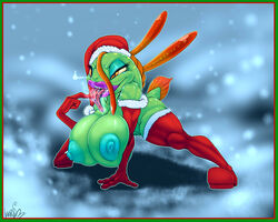 2016 anthro areola ber00 big_breasts breasts drooling erect_nipples female full_length green_skin huge_breasts murloc nipples orange_eyes purple_lips pussy saliva santa_costume slit_pupils smile solo tongue tongue_out yellow_sclera