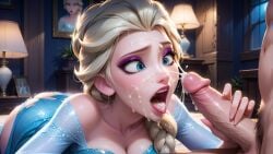 ai_generated azure993 bed bedroom blonde_female blonde_hair breasts breasts_out cum_in_mouth cum_on_face cumshot disney disney_princess elsa_(frozen) frozen_(film) frozen_2 handjob tagme white_hair