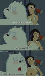 1boy 1girls bear blush breasts comic elliotpeste female fire_axe ice_bear ice_bear_(we_bare_bears) lifting_shirt male necklace shirt_lift shocked shocked_expression spanish_text we_bare_bears yana_(we_bare_bears)