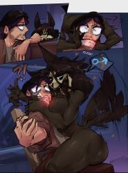 absurd_res anthro ass big_breasts big_butt black_body black_eyes black_fur black_hair bone breasts clothing collar comic dominant dominant_anthro dominant_female duo facial_hair female female_anthro female_on_human from_front_position fur gender_symbol gender_symbol_penetration hair hat headgear headwear hi_res human inside male male/female male_human male_on_anthro malo mammal mastery_position on_lap propositioning requesting scp-1471 scp-1471-a scp_foundation sex sex_request sharp_teeth shock_collar sirkerner sitting_on_lap skull skull_head stubble symbol tail tail_motion tailwag teeth tongue tongue_out
