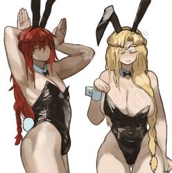 1boy 1girls big_breasts blonde_female breasts bulge bunny_boy bunny_ears bunny_girl bunny_tail bunnysuit cleavage crossdressing elden_ring female fromsoftware hi_res huge_breasts long_hair male miaojiangyou queen_marika_the_eternal radagon_of_the_golden_order red_hair skimpy skimpy_outfit
