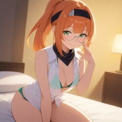 ai_generated bandana bikini breasts buttoned_shirt ginger glasses green_eyes ponytail small_breasts thighs