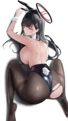 1girls absurdres all_fours animal_ear_hairband animal_ears ass backless_leotard black_hair black_leotard blue_archive breasts chunchilin fake_animal_ears female from_behind hairband halo highres huge_breasts leotard long_hair looking_back m_legs pantyhose playboy_bunny rabbit_ear_hairband rabbit_ears rabbit_tail red_eyes rio_(blue_archive) sideboob solo tail thighs torn_clothes torn_pantyhose very_long_hair wrist_cuffs