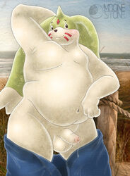 anthro arm_support balls big_ears blush clothed clothing detailed_background digimon dripping erection front_view gargomon horn humanoid_penis leaning_on_elbow male male_only mammal moobs moonestone navel no_underwear open_pants overweight overweight_male pants_down partially_clothed penis photo_background pinup pose precum raised_arm signature smile solo uncut