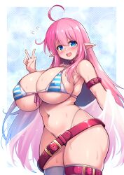 ahoge belt bikini blue_background blue_bikini blue_eyes border breasts bush c.r. commentary_request covered_nipples curvy female hair_between_eyes highres huge_breasts long_hair looking_at_viewer makiri_(c.r.) multicolored_bikini open_mouth original pink_hair pointy_ears sideboob sidelocks smile solo standing striped_bikini striped_clothes swimsuit thighhighs two-tone_bikini v very_long_hair white_bikini white_border white_thighhighs