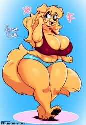 2024 big_breasts blonde_hair blue_background bluebambo breasts canine cleavage domestic_dog feet female female_only furry glasses long_hair original original_character purple_eyes short_shorts susan_(bluebambo) tank_top thick_thighs thighs tongue wide_hips yellow_fur