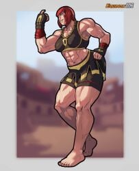 1girls alternate_version_available athletic athletic_female blue_eyes busty capcom equinox006 female female_focus female_only full_body fully_clothed hourglass_figure marisa_rossetti muscles muscular muscular_female pinup pinup_pose red_hair solo standing street_fighter street_fighter_6 tagme wide_hips