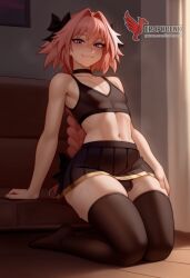 1boy 2d ai_generated ass bangs bare_shoulders barefeet big_ass black_bow bow braid bulge crossdressing crossdressing_male erection erection_under_clothes erophoenix feet full_body long_hair looking_at_viewer looking_back male male_focus multicolored_hair navel nude oerba_yun_fang otoko_no_ko pale_skinned_male patreon_username penis pink_hair purple_eyes single_braid smile soles solo solo_male spread_legs streaked_hair sweat thick thick_thighs toes uncensored underwear