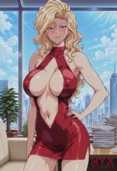 1girls ai_generated blonde_hair breasts golden_boy huge_breasts madame_president nyxworks office office_lady onna_shachou red_dress retro_artstyle