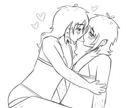 blush blush_lines body_hair bra drool drool_string earrings female female_only hinomori_shiho hoshino_ichika_(project_sekai) kissing long_hair makeout no_color project_sekai raccoon_tail short_hair side_view sketch small_breasts two_girls underwear undressed yuri yuri