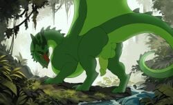 absurd_res anthro anus ass balls claws creek detailed_background erection forest genitals grass green_body green_scales hi_res horn looking_back male membrane_(anatomy) membranous_wings mordorinka nature open_mouth penis plant presenting raised_tail rock scales scalie smile solo spikes tail teeth tongue tree wings yellow_eyes