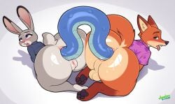 2025 acstlu anal anal_vore anthro anus ass backsack balls big_butt blush canid canine disney female fox fur genitals grey_body grey_fur hi_res huge_butt judy_hopps lagomorph leporid male mammal nick_wilde open_mouth pussy rabbit snake_in_anus snake_in_ass tongue tongue_out zootopia