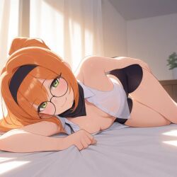 ai_generated bandana bike_shorts breasts buttoned_shirt ginger glasses green_eyes ponytail small_breasts thighs