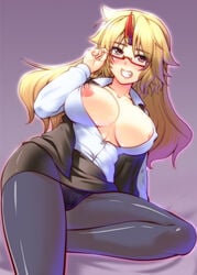 adjusting_glasses alternate_costume areola_slip areolae bespectacled black_legwear black_panties blonde_hair breasts cute_fang female glasses grin horn hoshiguma_yuugi large_breasts long_hair nipples noir846 office_lady open_clothes open_vest panties pantyhose pantyshot pencil_skirt purple_background red_eyes simple_background skirt smile solo touhou underwear upskirt vest