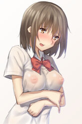 blush bow breasts brown_hair crossed_arms female gradient gradient_background inverted_nipples looking_away mikazuchi_zeus nipples no_bra open_mouth original see-through shirt short_hair solo