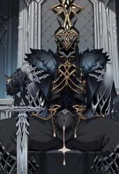 1boy ai_assisted ai_generated big_bulge big_penis black_coat black_gloves black_hair black_headwear black_jacket black_pants capitano_(genshin_impact) coat cum dripping_precum dripping_throught_pants faceless faceless_male fur_trim fur_trimmed_coat gauntlets genshin_impact gloves gold_trim greatsword hand_on_hilt hat high_collar huge_bulge ia_generated jacket long_hair long_sleeves male male_focus male_only mask open_zipper pants planted_grearsword_outdoor precum sitting solo throne weapon