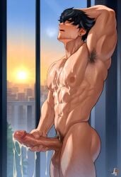 1boy 1human 1male abs ai_generated balls ballsack bara bara_tiddies bara_tits big_balls big_cock big_dick big_penis big_testicles boner close-up cock dick erect_penis erection gay genitals genshin_impact male male_breasts male_only masculine_male muscular penis scrotum solo testicles wriothesley_(genshin_impact)