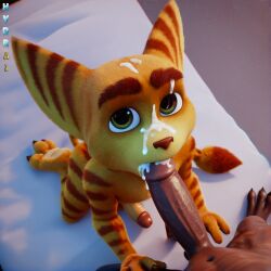 2boys ai_generated anthro bj blowjob brown_nose cum cum_in_mouth cum_on_face fellatio furry gay green_eyes hydrai lombax lombax_(ratchet_and_clank) male male/male male_only oral oral_sex orange_fur ratchet_(ratchet_and_clank) ratchet_and_clank striped_body stripes yellow_body yellow_fur