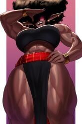 1girls abs absurd_res afro bahaal_(jinn_hunter) big_breasts black_hair dark-skinned_female dark_elf dark_skin earrings elf elf_ears elf_female female female_only glowing_eyes hair_over_one_eye hand_on_hip jinn_hunter looking_at_viewer mole mole_under_mouth muscles muscular muscular_female muscular_thighs narrowed_eyes open_mouth red_eyes sharp_teeth smiling smiling_at_viewer solo sotcho viewed_from_below
