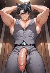 1boy ai_generated big_body big_cock big_penis dripping dripping_cum dripping_precum dripping_wet genshin_impact huge_cock looking_at_viewer male male_only muscles muscular muscular_male open_zipper penis_out penis_out_of_pants penis_outline solo_male wet wet_body wet_skin wriothesley wriothesley_(genshin_impact)