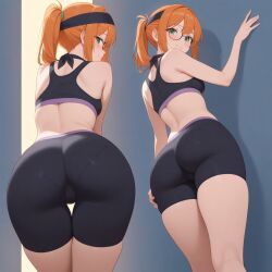 ai_generated bandana bike_shorts bra breasts butt_focus ginger glasses green_eyes ponytail small_breasts thighs