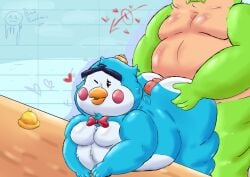 anthro avian bell bird brawl_stars buzz_(brawl_stars) dinosaur duo gay hyper male male/male mr.p_(brawl_stars) nude one_eye_closed penguin prehistoric_species reptile scalie slightly_chubby supercell_(company) ugly-rat15508