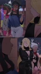 2futas 2girls breasts cleavage cynthia_(pokemon) dawn_(pokemon) dickgirl erection_under_clothes futanari gloria_(pokemon) huge_breasts human nessa_(pokemon) okpriko pokemon precum precum_through_clothing revealing_clothes voluptuous