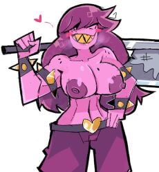 <3 1girl alternate_version_available anthro anthro_only areolae axe baggy_clothing baggy_pants big_breasts blush breasts cleavage clothing color deltarune demonbloodpal eyes_covered female female_anthro female_only hair hair_over_eyes heart heart_symbol hi_res holding_axe holding_weapon long_hair muscular muscular_female nipples partially_clothed pink_body pink_skin purple_areola purple_body purple_hair purple_nipples scalie sharp_teeth smiling solo solo_female solo_focus spiked_bracelet susie_(deltarune) teeth textless thin_female thin_waist tomboy topless topless_female undertale_(series) weapon white_background