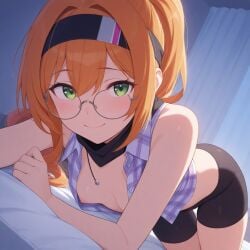 ai_generated bandana bike_shorts breasts buttoned_shirt ginger glasses green_eyes ponytail small_breasts thighs