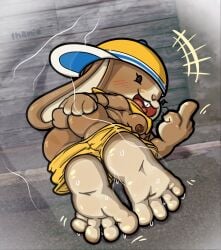 4_toes anthro ass backwards_hat blush bodily_fluids bottomwear bottomwear_down breasts clothed clothing feet female foot_fetish foot_focus gesture hand_gesture hat headgear headwear hi_res hindpaw kerchief lagomorph leporid mammal middle_finger pants pants_down partially_clothed paws peeb_(piemations) photo_background photography_(artwork) presenting rabbit smelly solo sweat sweaty_feet thanie toes toony