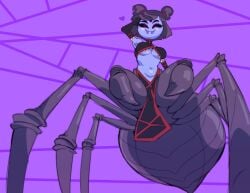 2022 5_eyes anthro armpits arms_up arthropod_abdomen big_breasts clothed clothing commission fangs fangs_out female gloves gnausea heart low-angle_view monster_girl monster_musume_no_iru_nichijou muffet rachnera_arachnera solo solo_female spider_fangs spider_girl spider_legs spider_web tagme thick_thighs tummy underboob undertale undertale_(series)